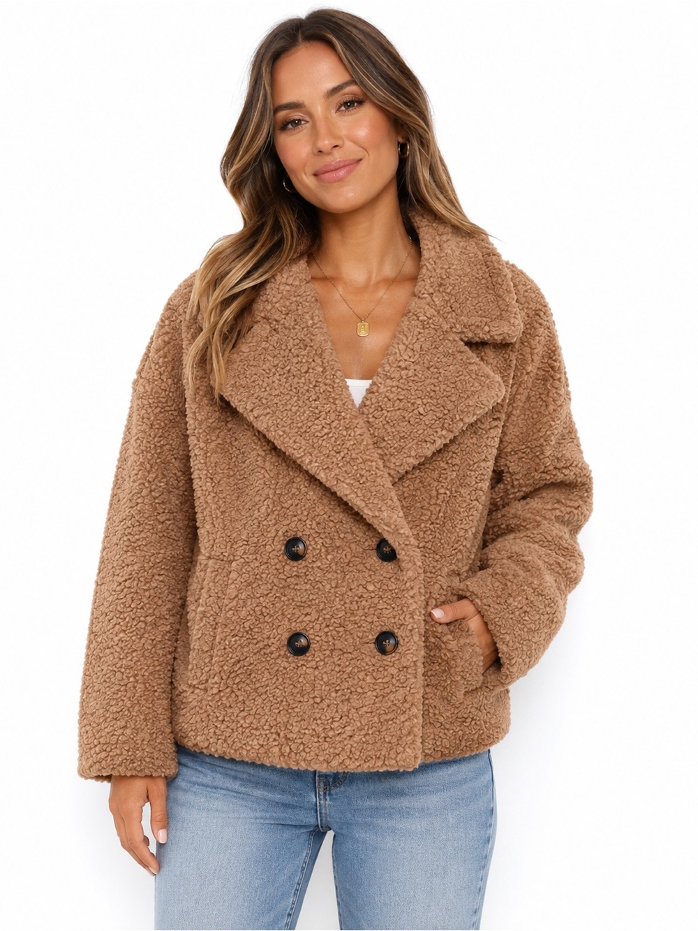 She + Sky Double-Breasted Teddy Sherpa Jacket in Camel Brown NWT Large